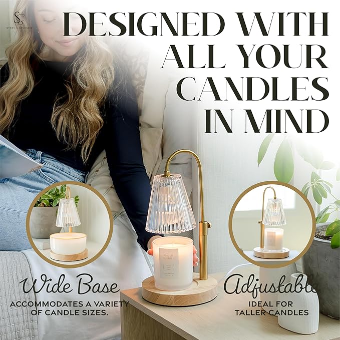 STERN & SPLENDID Adjustable Wood Candle Warmer Lamp for Jar Candles – Large Round Base, Dimmable Electric Candle Melter with Timer, Flameless Candle Heating Lamp with 4 Halogen Light Bulbs