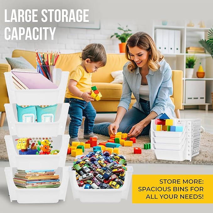 Skywin TidyFriend Stackable Storage Bins for Pantry, 4 Pack Stackable Bins For Organizing Food, Kitchen, and Bathroom Essentials (White)