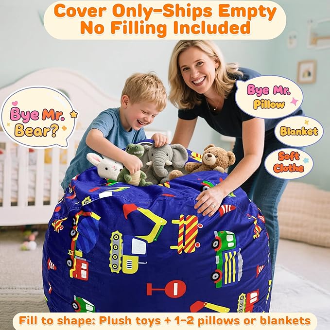 Lukeight Excavator Stuffed Animals Storage Bean Bag Chair Cover Only (Ships Empty, No Filling) - Velvet YKK Zipper Beanbag Cover for Toddlers Kids, Washable Plush Toy Organizer, Large 27" D x 16" H