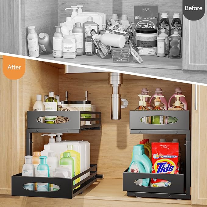 Under Sink Organizer, 2 Tier Under Sink Organizers and Storage, Adjustable Height, Slide out Metal Cabinet Organizers, Pull out Cabinet Storage Drawer Shelf for Kitchen Bathroom (Black, 2)