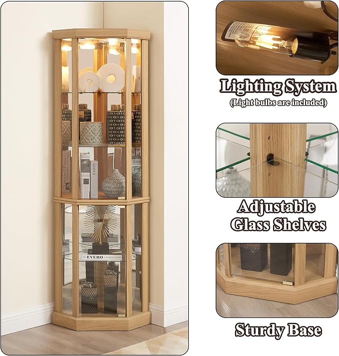 69" H Lighted Curio Cabinet Corner Display Case,Corner Glass Cabinets with Tempered Glass Door and Adjustable Shelves,Wooden Curio Cabinet with Mirrored Back Pane (Style 1 - Light Oak)