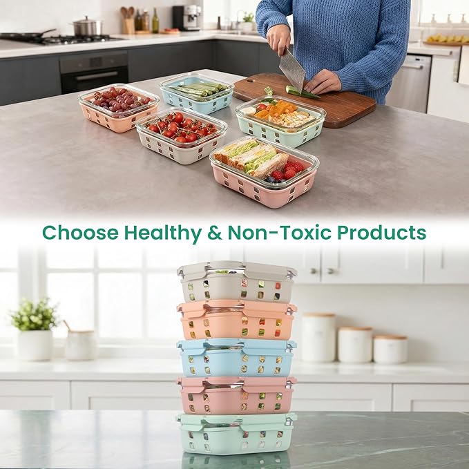 GENICOOK 4.4 Cup Glass Food Storage Containers, 5-Pack – Airtight Meal Prep Containers with Non-Slip Silicone Sleeve & Glass Lids, BPA-Free, Leakproof, Stackable