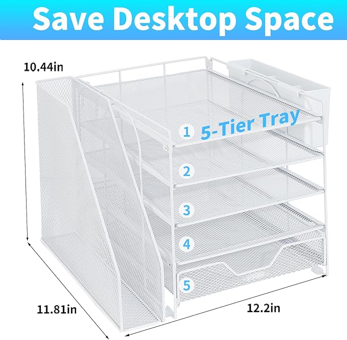 Desk Organizer, 5-Tier Paper Letter Tray Organizer with File Holder, Drawer and Pen Holder, Desktop Organizer for Office Supplies, White