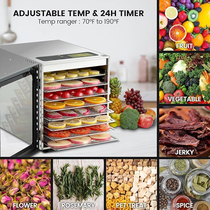 Cercker Food-Dehydrator Machine 8 Stainless Steel Trays, 500W Jerky Dehydrator for Meat, 190ºF Mushroom Dryer, 24H Timer Fruits Dryer for Herbs, Veggies, Yogurt & Dog Treats