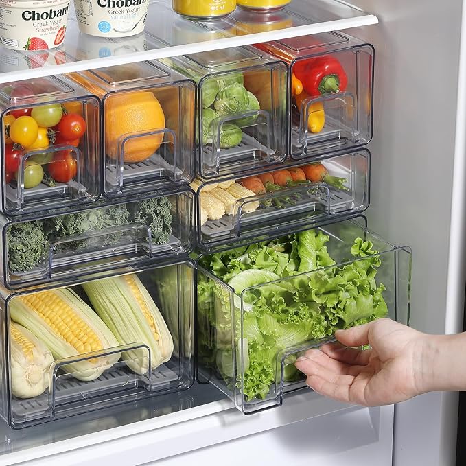 Pull Out Clear Fridge Organizer Drawers with Drainer, Refrigerator Stackable Storage Bins for Kitchen Fruit & Veggie Organization (2PCS, Small)