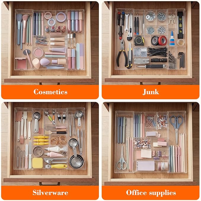 Briwooody 1 Pcs Acrylic Desk Drawer Organizer 9'' up to 17'' x 15'' x 2.1'' Expandable Drawer Organizer Trays with 9 Adjustable Compartments Clear Desk Accessories for Makeup Office Bathroom