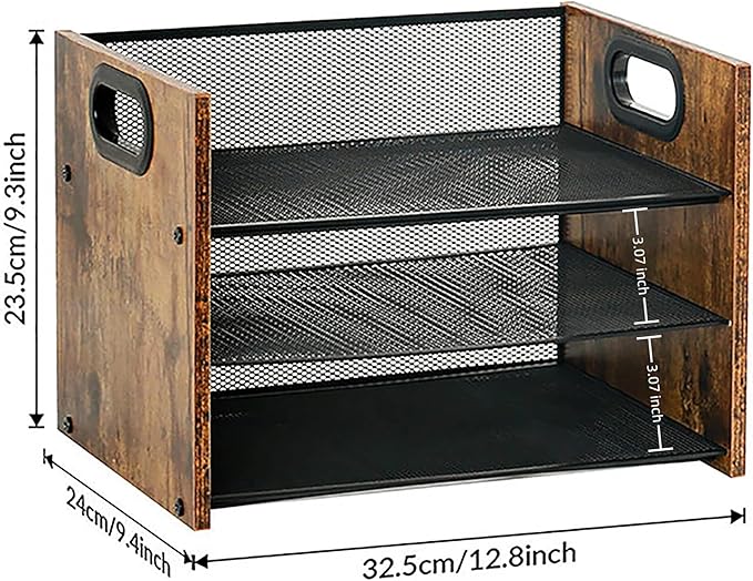 Desk Organizer - 3 Tier Wood & Metal Mesh Desktop Organizer for Office, Home, School, Workspace, Office Desk Organzier for Papers, Mail, Notebooks, Stationery