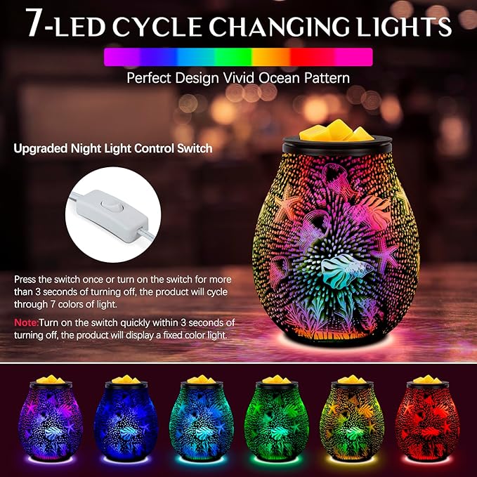 EQUSUPRO Wax Melt Warmer Wax Melter Wax Burner for Scented Wax Melts Electric Fragrance Warmer for Wax Cubes & Tarts, Vivid 3D Design 7 Colors LED Light Gift & Decor for Home Office (3D Sea)