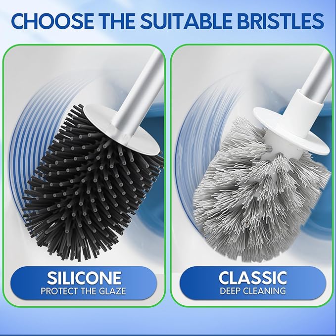 BOOMJOY Toilet Brush and Holder Set, Silicone Toilet Bowl Cleaner Brush, Toilet Scrubber Brush with Tweezers for Bathroom Cleaning, RV Accessories and House Organization Must-Haves - Gray