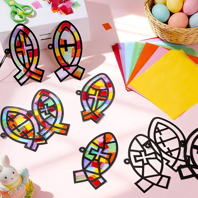 Qyeahkj 36 Set Christian Jesus Cross Fish Suncatchers Crafts for Kids DIY Religious Faith Fish Window Tissue Paper Craft Kit VBS Hanging Decor for Summer Sunday School Home Activity Church Art Project