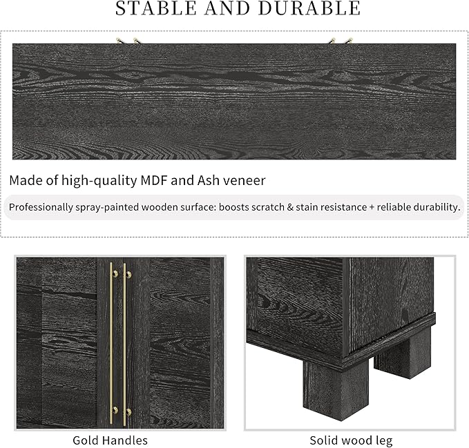Amposei Modern Sideboard Cabinet 60-Inch Wood Credenza Console Storage Cabinet Dining Buffet Table with 4 Doors and Adjustable Shelves for Living Room Entryway, Black