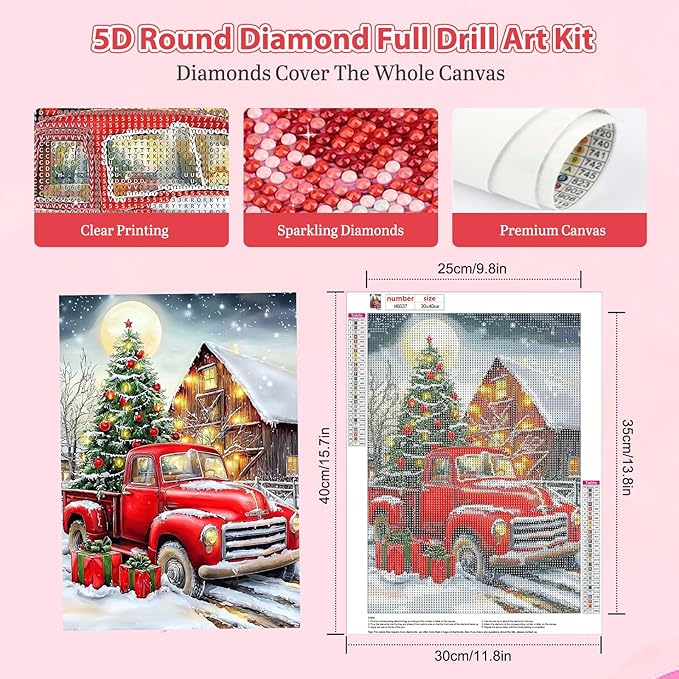 Genius maker Christmas Red Truck Diamond Painting Kits for Adults, 5D Diamond Art Kits for Adults Beginners, DIY Full Drill Gem Art Diamonds Painting Pictures Crafts Kit for Home Wall Decor 12x16inch