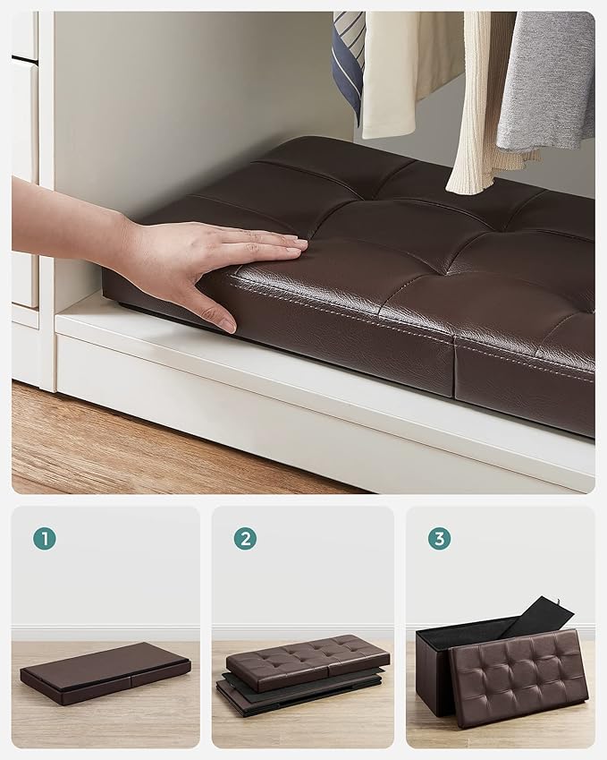 SONGMICS MAZIE Collection - 30 Inches Storage Ottoman Bench with Flipping Lid, Storage Chest Footstool, Load 660 lb, for Entryway, Living Room, Bedroom, Synthetic Leather, Brown ULSF45BR