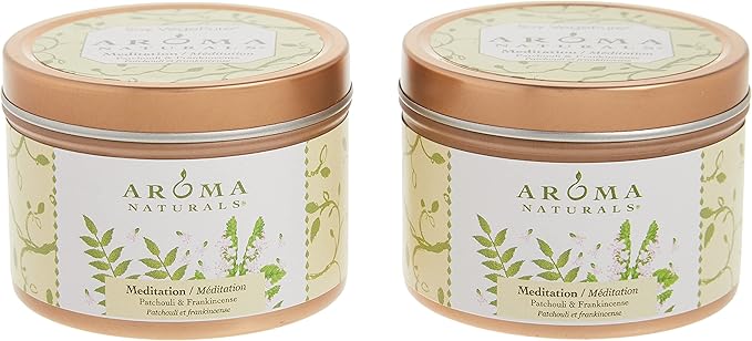 Aroma Naturals Tin Candle with Patchouli and Frankincense Essential Oil Natural Soy Scented, Meditation, 2 Count (Pack of 3)