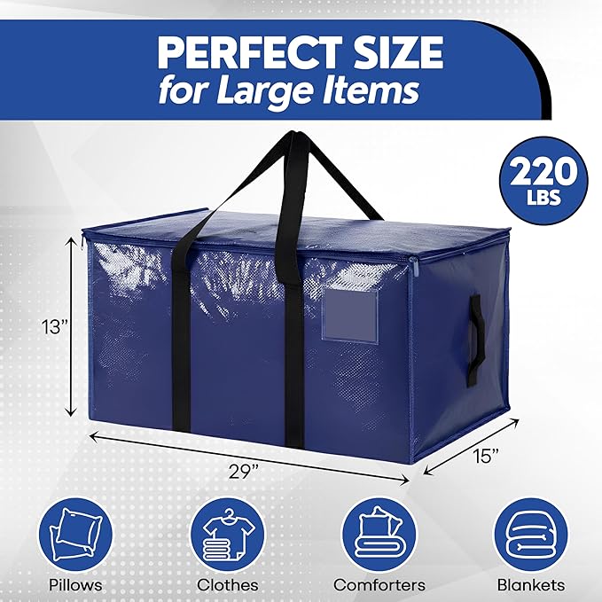 Extra Large Moving Bags Heavy Duty - 6 Pack Blue Storage Bags with Zipper & Strong Handles | Moving Bags for Clothes, Bedding & Home Organization | Reusable Packing Bags for Moving, Travel & College
