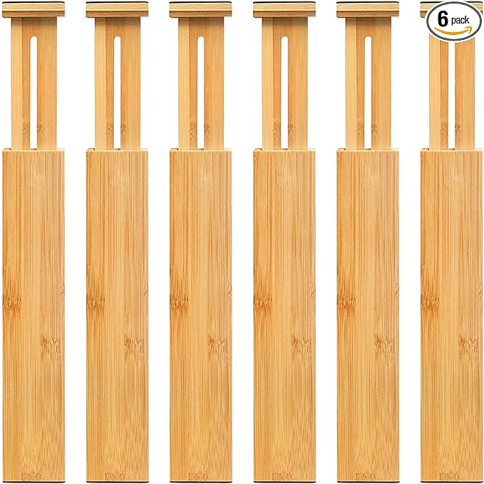 VaeFae 6-Pack Bamboo Drawer Dividers – Adjustable 14"-19.1" (Fits 15"-18" Drawers ONLY), Spring-Loaded Expandable Organizer for Kitchen, Bedroom, Office & Bathroom, MUST MEASURE Before Purchase | 6 Pack, Adjustable, Expandable, Organization