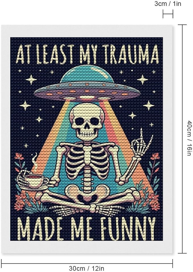 KIVJMSIDJA 5D Diamond Painting Kit for Skull Skeleton “At Least My Trauma Made Me Funny” Adults Full Drill Round Rhinestone Art Craft DIY Home Wall Decor 12"x16"