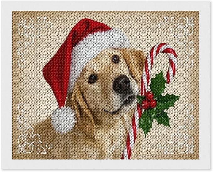 Diamond Painting Kits for Adults - Christmas Golden Retriever Puppy in Santa Hat with Candy Cane Painting DIY 5D Full Drill Diamond Dots Paintings with Diamonds Gem Art And Crafts Home Decor 16"x20"