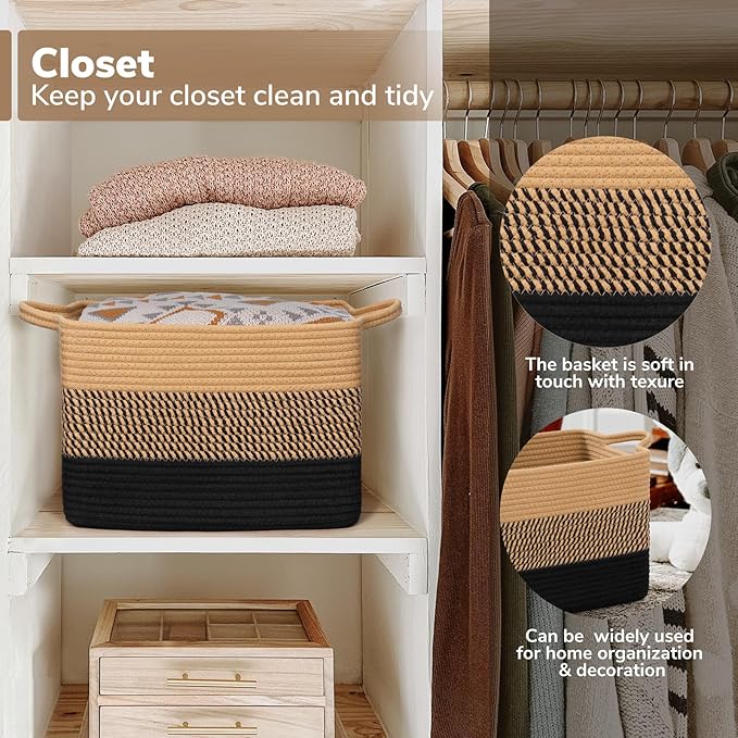 Goodpick Woven Storage Baskets for Organizing, Cotton Rope Organizer for Living Room Bedroom, 13"x10"x9" Rectangle Dog Toy Basket with Handles, Stylish Gift Baskets Empty, Black & Jute