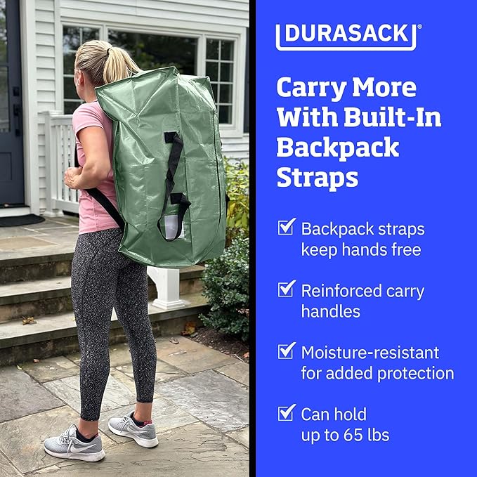 DURASACK Heavy Duty Moving Bag Storage Container Duffle Bag with Zipper, Reinforced Carry Straps and Backpack Straps, Made of Rugged Woven Polypropylene, Pack of 4, Sage