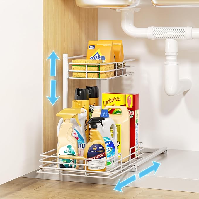 Delamu Under Sink Organizer, Height Adjustable Under Sink Organizers and Storage, Slide Out Under Sink Storage Shelf for Kitchen Bathroom Pantry Cabinet