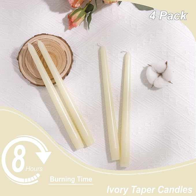 Ivory Taper Candles 10-Inch - Ivory Candlesticks Dripless Long Cream Tapered Candle Tall Unscented Smokeless Slow Burning Paraffin Wax Candle Sticks for Wedding Dinner Home Decor 4 Pack