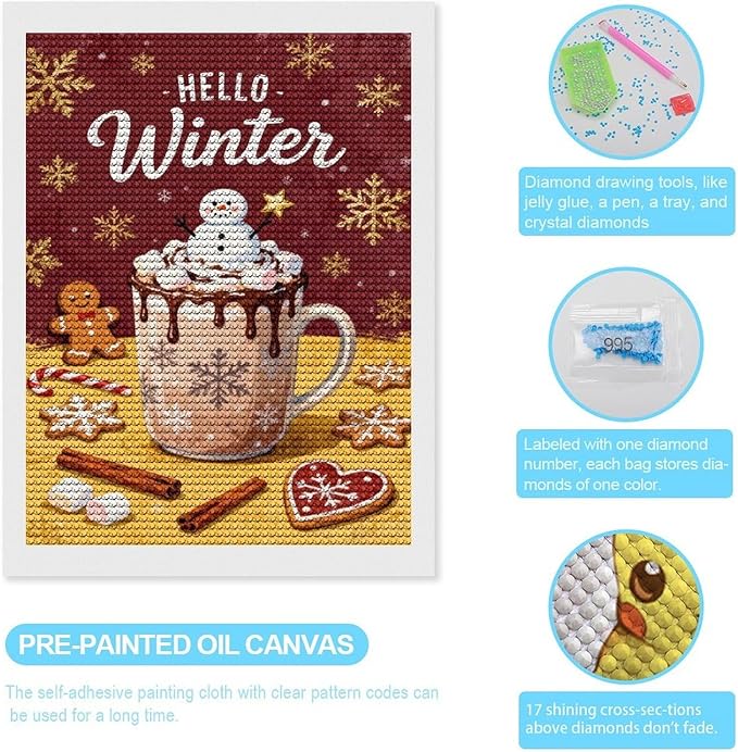 Diamond Painting Kits for Adults - Hello Winter Ice Cream & Gingerbread Snowflakes & Candles Painting DIY 5D Full Drill Diamond Dots Paintings with Diamonds Gem Art And Crafts Home Decor 12"x16"