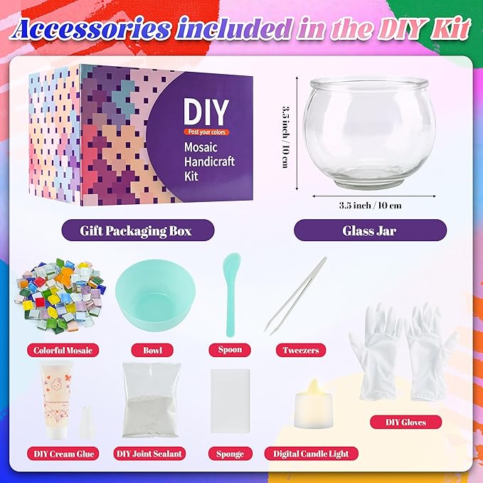 Joyclub DIY Mosaic Candle Holder Kit Mosaic Kits for Adults Stained Glass Tealight Candle Holder for Home Lighting Decor Girls Birthday Craft Gifts
