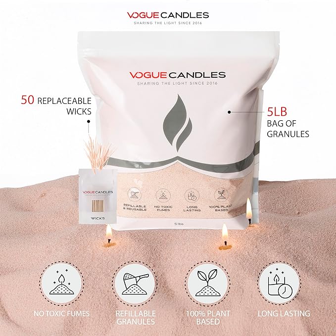 Vogue Candles Nude Pearled Candle Sand Wax (5 LB) – Mother’s Day Candle Kit with 50 Cotton Wicks for DIY Home Lighting – Plant-Based & Reusable Wax Granules Refill for Clean Burning & Custom Vessels