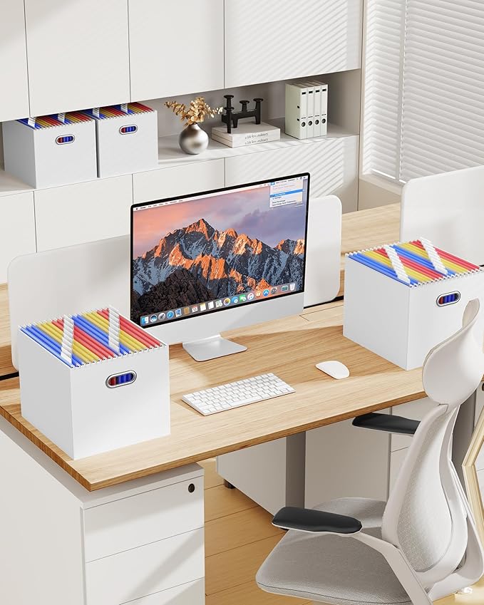 Oterri Large File Organizer Box, Portable Collapsible Cardboard File Folder Organizer with Handle for Letter Size Hanging Files, Document Storage Box for Home Office & Classroom (2 Packs, White)