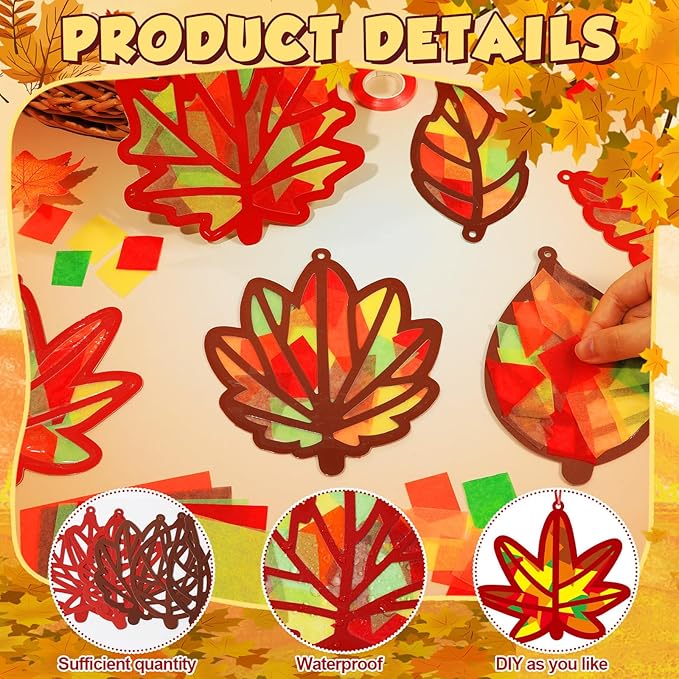 Qyeahkj 36 Set Fall Maple Leaves Suncatchers Crafts for DIY Autumn Window Tissue Paper Crafts Kit Thanksgiving Maple Hanging Decor for Fall Home Activity Art Project Birthday Party Favor Gift