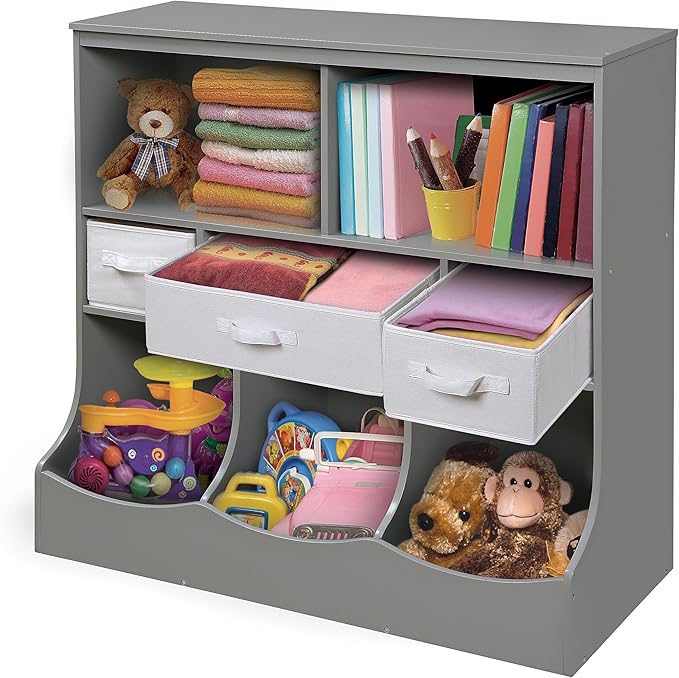 Badger Basket Combo Toy Storage Organizer and Bookshelf - Kids Storage Unit with 3 Removable Baskets, Open Shelves, Top Display Surface - Gray Cloud