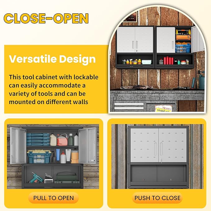Garage Storage Cabinets Wall Mount, Locking Metal Wall Cabinets with Doors and Adjustable Shelves, Floating Hanging Storage Cabinet for Garage, Basement, Warehouse
