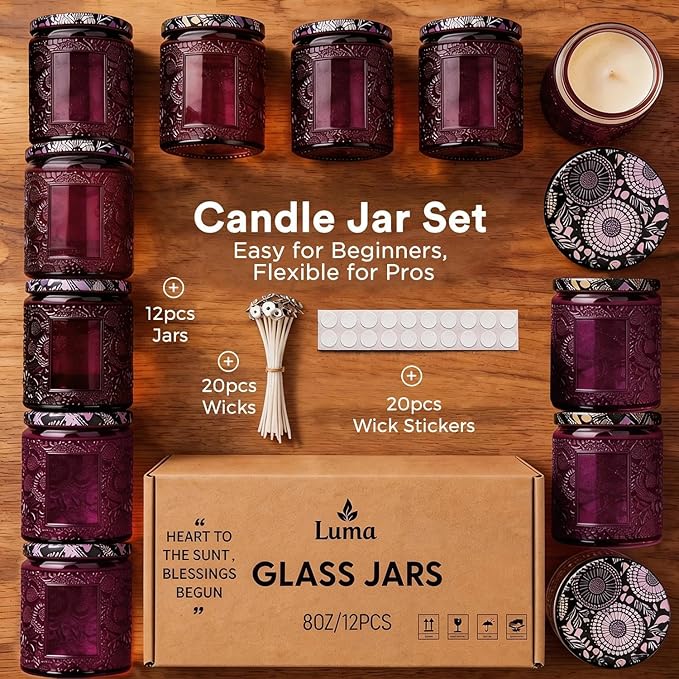 LumaCraft Luxury Embossed Glass Candle Jars for Making Candles - 12 Pack Empty Candle Containers with Airtight Metal Lids, 20 Wicks & 20 Stickers, Colored Glass Jars for Gifts & Decor-8OZ