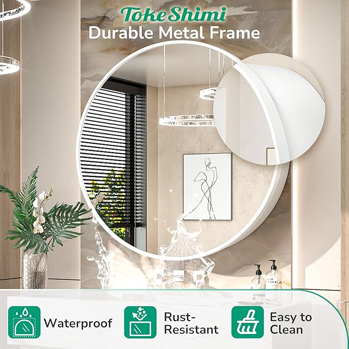 TokeShimi 20 Inch Round White Framed Medicine Cabinet for Bathroom with Vanity Mirror Small Metal Bathroom Mirrored Cabinet for Wall Mounted Only Circle Farmhouse Medicine Cabinet Detachable Shelves