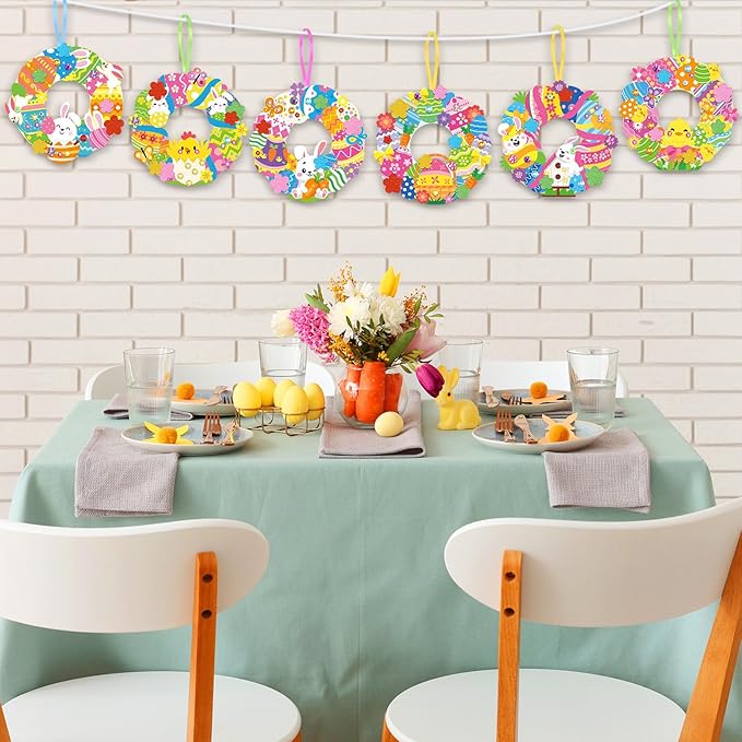 Hollowfly 48 Sets Easter Wreath Craft Kits DIY Wreath Hanging Ornaments Make Your Own Paper Craft with Stickers for Home Party Activities