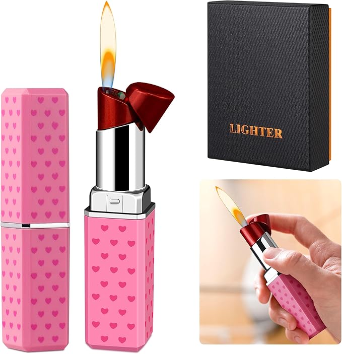 Cute Lipstick Lighter Soft Flame Refillable Butane Lighter, Adjustable Pocket Lighter Delicate Gift for Girls Women Girlfriend on Birthday,Anniversary Red(Without Butane)
