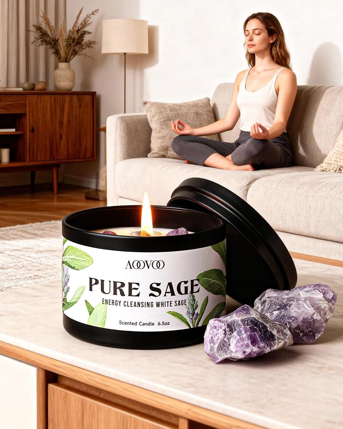 AOOVOO 4 Pack Sage Candles - Sage, Palo Santo, Sage & Palo Santo, Eucalyptus Mint Candle Set with Crystals & Decor, 26oz 200 Hours Long Lasting, Non Toxic Candles for Spiritual House Energy Cleansing