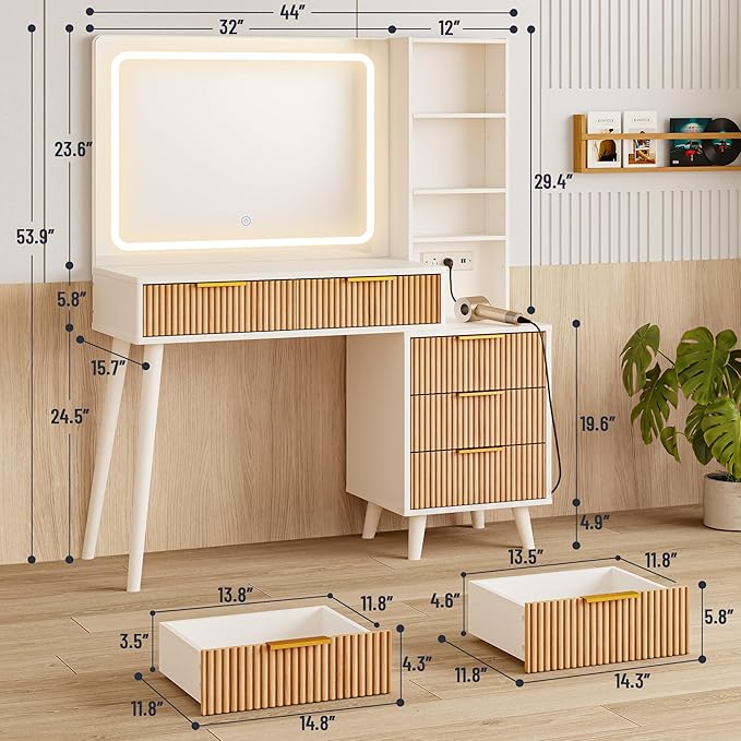 Vanity Desk with Mirror and Lights, Makeup Vanity Desk with Power Outlet, Makeup Desk with 5 Drawers Storage Shelves, Vanity Table 3 Color Modes Adjustable Brightness Dressing Table Set for Bedroom