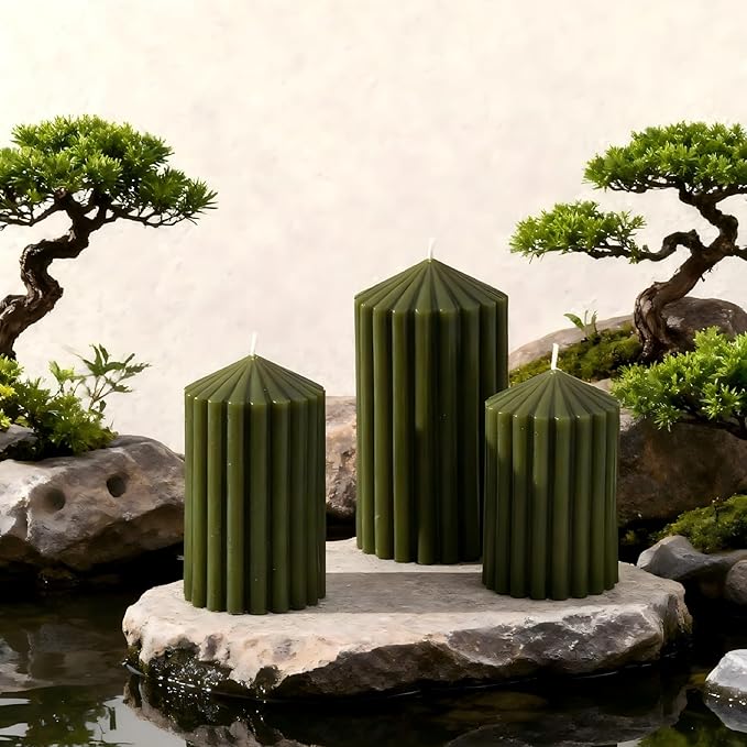 3 Pack Dark Green Ribbed Pillar Candles - Soy Wax Unscented, 2.76"x4.2/4.9/5.9 in Smokeless Non Toxic Cotton Wick, Aesthetic Modern Candles for Home Decor, Dinner Table, Living Room, Housewarming Gift