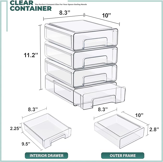 Sorbus Medium Clear Stackable Storage Drawers 4-Pack Plastic Organizer Bins with Handles Pull-Out Drawers for Bathroom Closet, Medicine, Cabinet, Pantry Storage, Baby Bottle Organizer