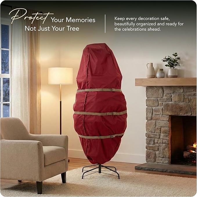 Covermates Keepsakes Upright Christmas Tree Storage Bag – Heavy-Duty Holiday Closet Cover Trees – Durable 300D Polyester with Cinch Straps & Zipper Access – Christmas Tree Bags Storage, Red