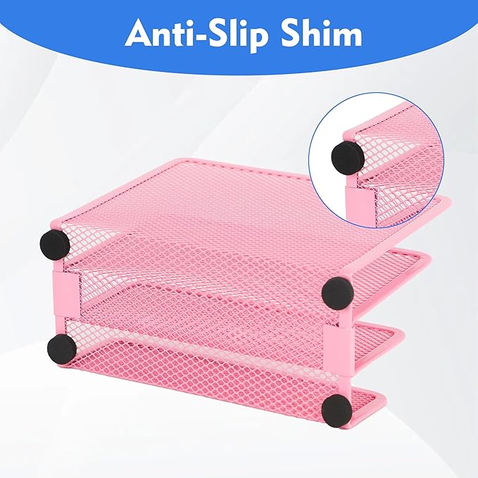 EASEPRES Desk Mail Organizer, Office Small Desktop Metal Mesh Envelope Letter Sorter Paper File Holder Organizer with 3 Vertical Upright Compartments, Pink 2 Pack