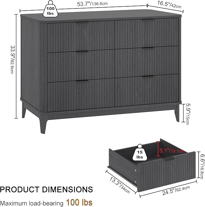 Fluted 6 Drawer Dresser for Bedroom,53'' Wide Large Closet Dresser 6 Chest of Drawers,Wooden Storage Organizer Drawer, Modern TV Stand for Bedroom, Living Room Hallway Black