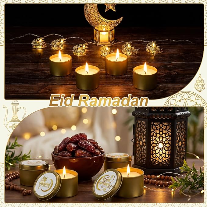Nuanchu 24 Pack Eid Mubarak Scented Candles Gift 2 oz Golden Star and Moon Design Ramadan Aromatherapy Soy Wax Jars Lasting Bulk Favors for Home Islamic Holiday Party Decor