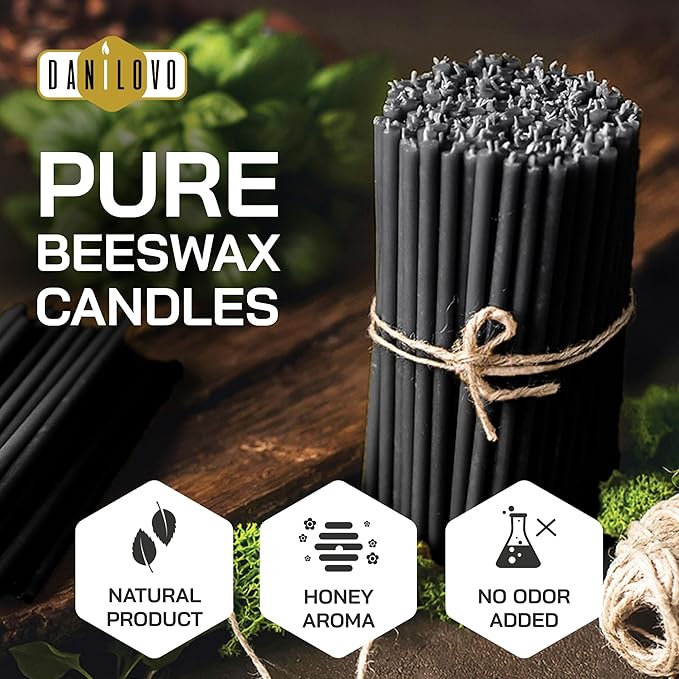 Danilovo Thin Taper Beeswax Candles - Honey-Scented, Decorative Candles Ideal for Birthday Decoration or Church Prayers - Black Drip Free, Tall & Smokeless Pack of 50 pcs, 7.3 x 0.24 inch
