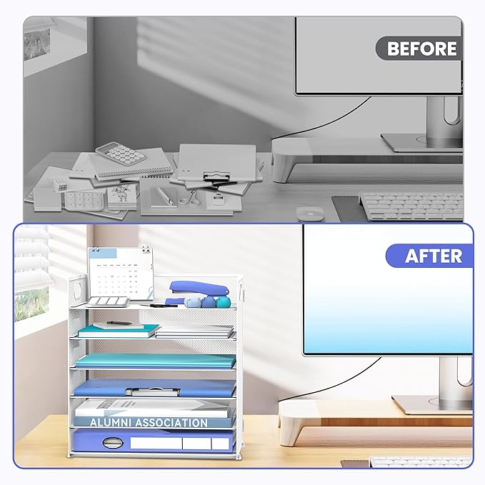 Daltack 6 Tier Paper Organizer for Desk, Paper Letter Tray Organizer for Desks, Mesh Desk File Organizers with Handle for Office, Home, School, White