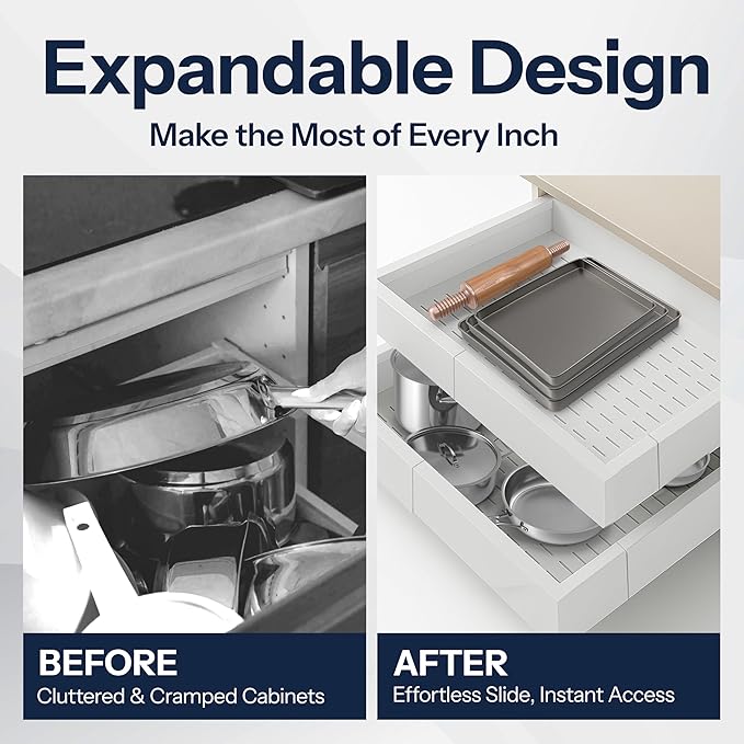 Heavy Duty Single Pull Out Cabinet Organizer for Kitchen Drawer or Shelf – Expandable in Width & Depth, Slides Out for Easy Access, Holds up to 50 lbs – 14.3"-22.4" Deep, 15.7"-24" Wide - White