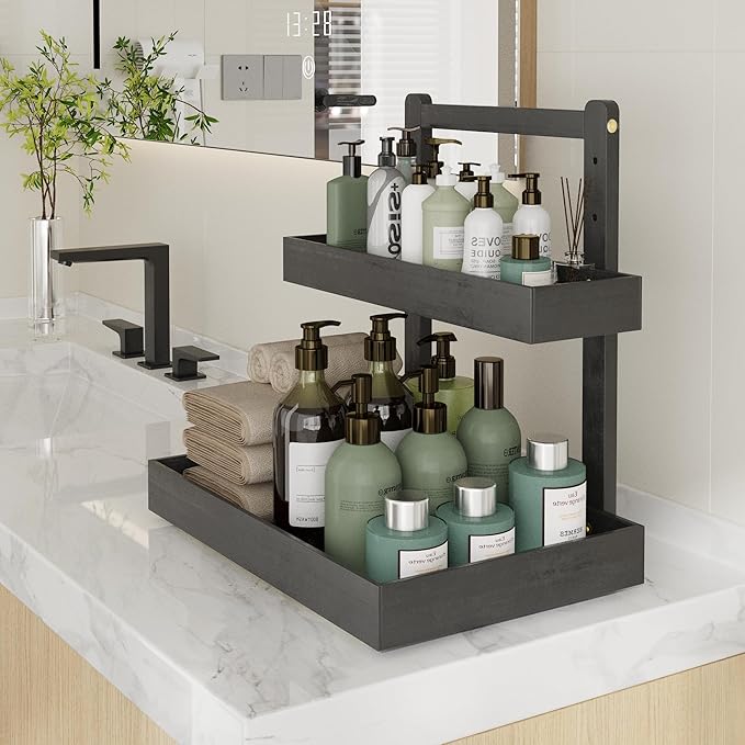 Bamboo Under Sink Organizer and Storage, 2 Tier Pull Out Cabinet Organizer, Slide Out Under Sink Storage Shelf, Undersink Organizers Shelves for Kitchen Bathroom Organization (Black, 1 Pack)