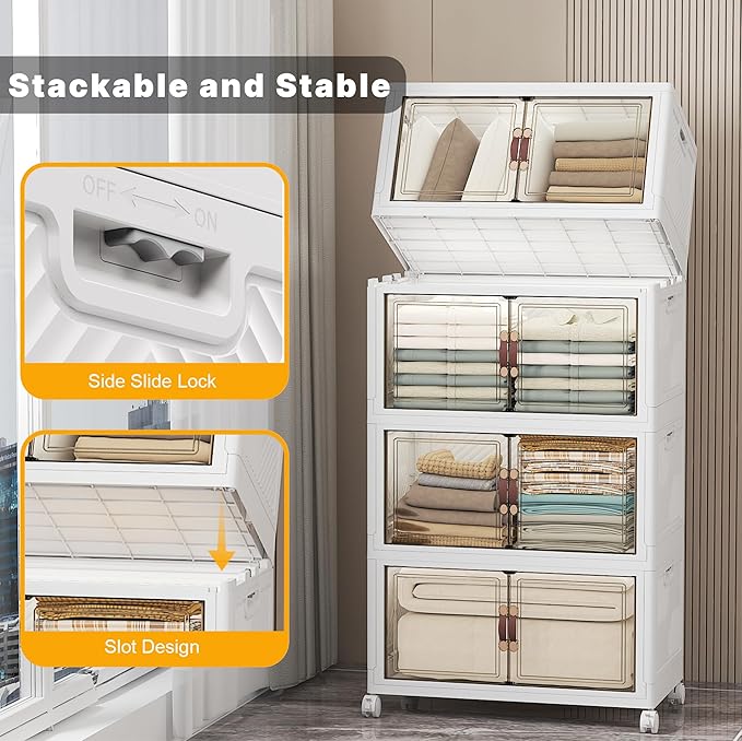 Stackable Storage Bins with Lids & Wheels & Door, Foldable Collapsible Closet Organizers, Extra Large Plastic Storage Drawers for Bedroom Dorm Office Garage (White-112qt, 4Pack with 1 top lid)